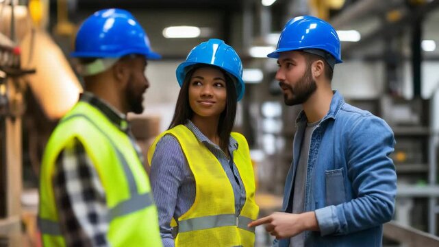 Group of multiethnic construction workers in blue helmets and safety vests discussing project indoors, warm industrial lighting, teamwork video for corporate training, diversity content