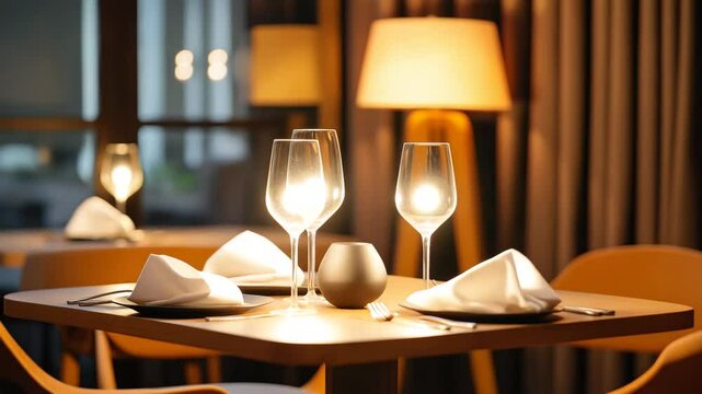Mysterious glowing wine glasses on romantic restaurant table fading in and out rapidly, dark cinematic setting with golden ambient lights, video for thriller trailers, horror intros, and paranormal