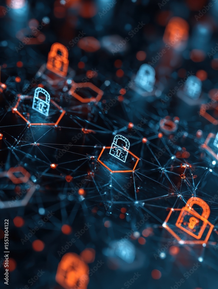 Poster vibrant abstract quantum network with digital keys and lock icons showcasing the cutting edge applic