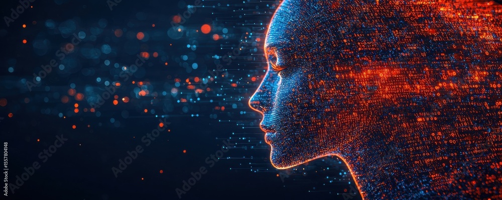 Poster artificial intelligence visualization with colorful streams and digital particles