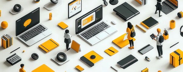 Isometric illustration showcasing modern technology and interconnected business concepts