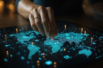 Hand Interacting with a Digital Illustration of Global Network Connections