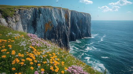 Coastal landscape with wildflowers and cliffs