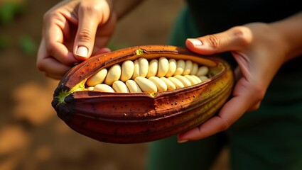 Close up of hands holding a freshly opened ripe cacao pod with beans