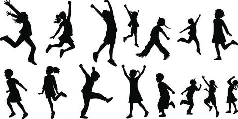 Child jumping silhouette vector set with playful poses