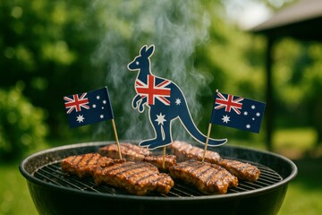 Traditional Australian barbecue celebration with grilled meat, kangaroo silhouette, and national flags