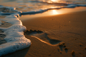 Gentle waves wash over a sandy beach at sunset, leaving a footprint in the sand. The warm golden light bathes the scene in a peaceful glow, evoking serenity and solitude.