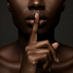 Close-Up of black Woman Making Silence Gesture, Emphasizing Mystery, Confidence, Inner Strength, and the Power of Unspoken Communication