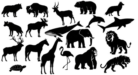 Naklejka premium Global Wildlife Animal Silhouettes - Diverse Species Collection Including Marine Life, Forest Animals and Big Game Vectors