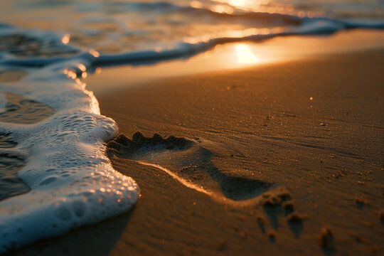 Gentle waves wash over a sandy beach at sunset, leaving a footprint in the sand. The warm golden light bathes the scene in a peaceful glow, evoking serenity and solitude. - Powered by Adobe