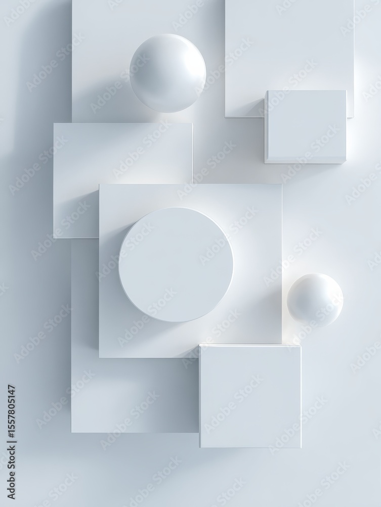 Poster minimalistic abstract geometric composition with floating white shapes and soft shadows