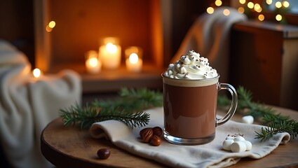 Cozy hot chocolate with whipped cream and marshmallows by warm candlelight