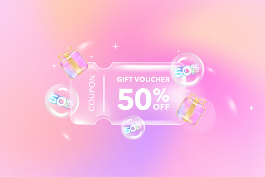 Transparency gift voucher coupon on gradient background. Discount offer tag with shiny, glossy, reflective surface.	