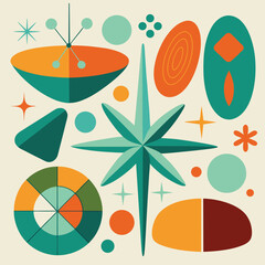 Mid-century modern seamless pattern with atomic era shapes. Retro 1950s vector background.