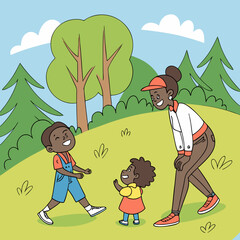 Happy Family Cartoon Outdoors – Parents and children in Nature Vector