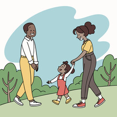 Happy Family Cartoon Outdoors – Parents and children in Nature Vector