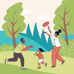 Happy Family Cartoon Outdoors – Parents and children in Nature Vector