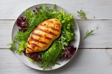 Grilled chicken breast on fresh mixed green salad with arugula and lettuce on white plate