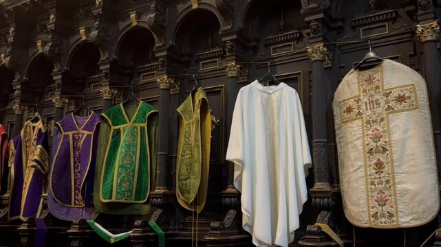 Church vestments displayed in historical sacred interior