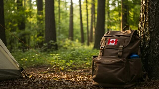 Brown backpack with Canadian flag patch resting by a tent in forest  