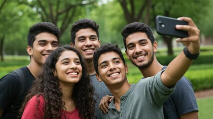 Group of young friends smiling while taking selfie outdoors in park