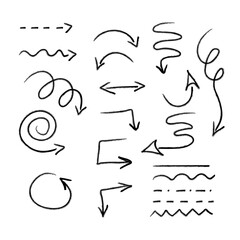 Hand drawn doodle arrows set. Black line arrows and curves in different directions. Sketch style spiral, zigzag, wavy, curved, straight, dashed lines and circles