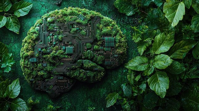A brain shaped like a circuit board, covered in moss and plants.