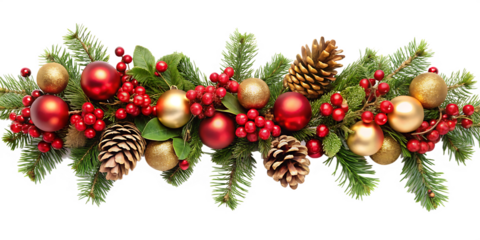 Christmas garland with red and gold baubles pine cones and red berries isolated on a transparent background