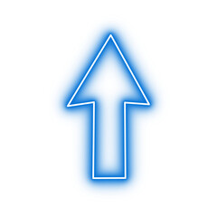 Bright blue teal color neon light arrow pointing up with glowing effect on transparent background for modern digital art signage symbol design in stylish minimal bold concept