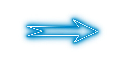 Bright blue teal neon light arrow pointing right with glowing effect on transparent background for modern digital art design creative visuals signage and stylish luminous concept