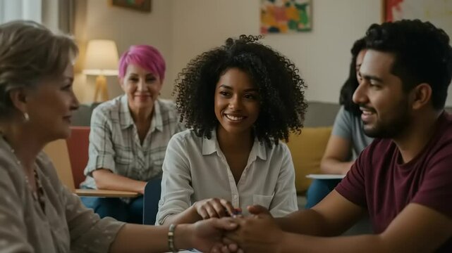 Diverse group therapy session indoors.