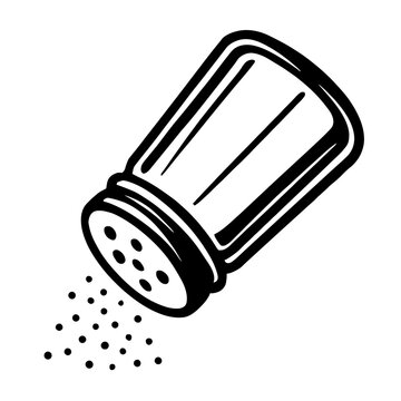 Classic black and white vector illustration of a salt shaker actively dispensing granules, perfect for culinary themes, restaurant menus, or kitchen-related designs.
