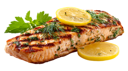 Grilled salmon fillet garnished with lemon slices and fresh herbs view on transparent background