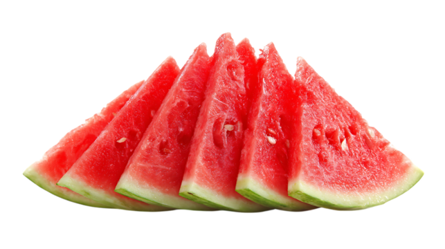 A close up of several watermelon slices arranged in a row on black on transparent background