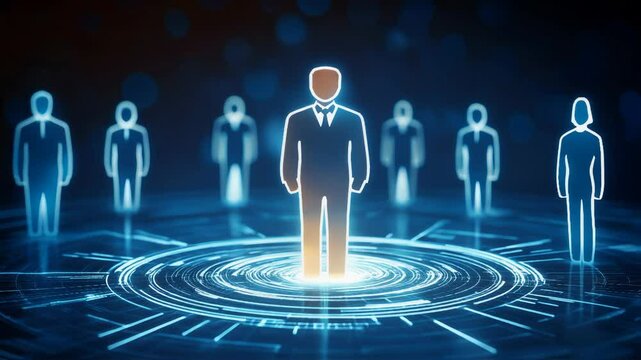 A red figure stands out among white silhouettes, symbolizing uniqueness within a vast digital network