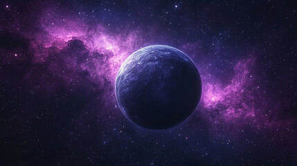 A dramatic planet floats before a vivid nebula, surrounded by a dense starfield and ethereal cosmic glow. Deep space beauty and mystery captured in a celestial sci-fi scene. Horizontal format.


