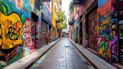 Stroll along a vivid urban alleyway, showcasing street art graffiti and the lively spirit of city creativity - Powered by Adobe