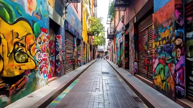 Stroll along a vivid urban alleyway, showcasing street art graffiti and the lively spirit of city creativity