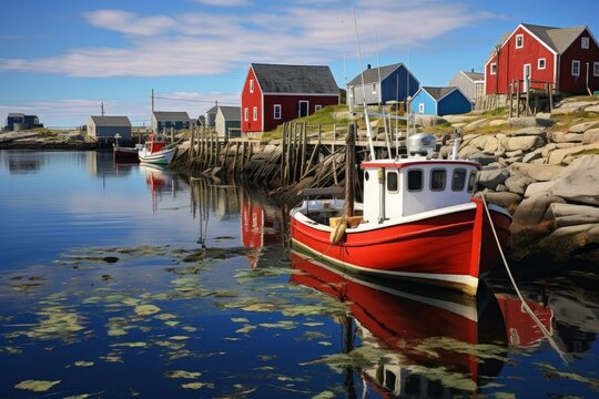 Calm waters reflect colorful fishing boats and houses in the charming harbor of peggy's cove, nova scotia, canada