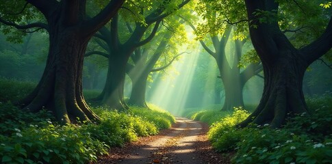 Enigmatic Forest Path Dappled Sunlight and Ancient Trees Create a Mystical Atmosphere, Perfect for Fairytale or Fantasy Projects