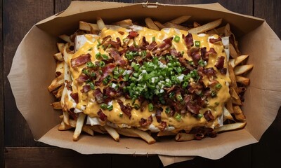 Loaded french fries with cheese sauce, bacon and green onions in a box ready for delivery