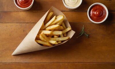 Delicious french fries in a paper cone served with ketchup and sauce