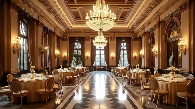 Impressive banquet hall exhibits elegance with tables set for a formal dinner under sparkling chandeliers.