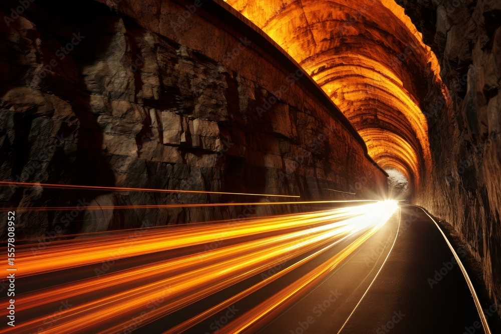 Poster light trails from a fast moving vehicle create a sense of speed and motion emerging from a dark rock