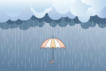 Cartoon umbrella and drizzle in flat pastel vector, children’s illustration for baby room backgrounds, seasonal artwork, and educational themes
