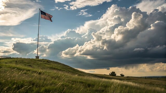 American flag flies on a grassy hill under dramatic stormy clouds at sunset
