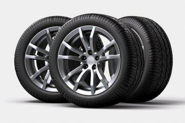 Obraz premium Three car tires with alloy rims standing upright on white background, ready for a new season