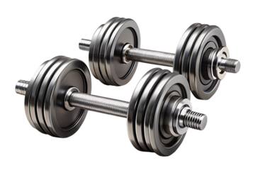 Two chrome dumbbells for fitness and exercise isolated on transparent background