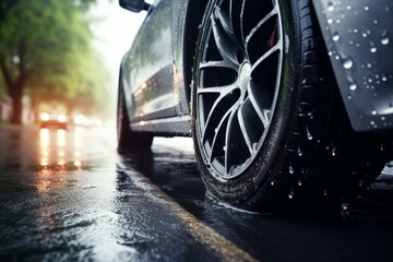 Close up of a car wheel driving on a wet road during a rainy day in the city, with blurred traffic lights in the background