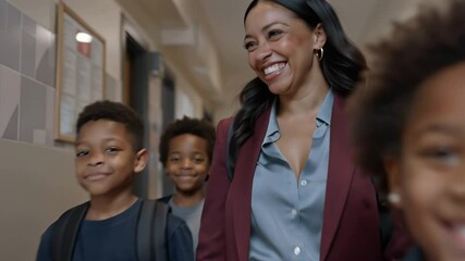 Positive school teacher african american woman walking down hallway talking to school children - Powered by Adobe